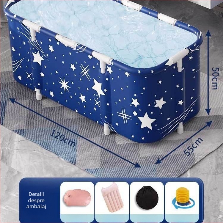 Cadă de baie pentru adulți, dreptunghiulară, pliabilă, dublă, cu temperatură constantă și masaj cu bule