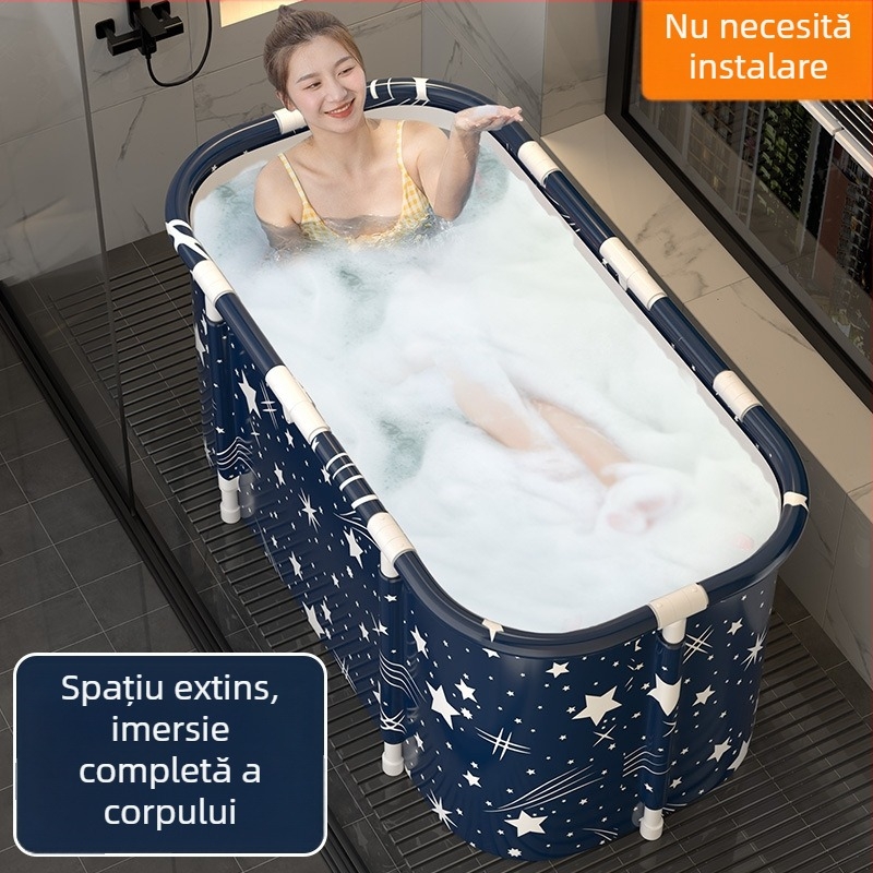 Cadă de baie pentru adulți, dreptunghiulară, pliabilă, dublă, cu temperatură constantă și masaj cu bule