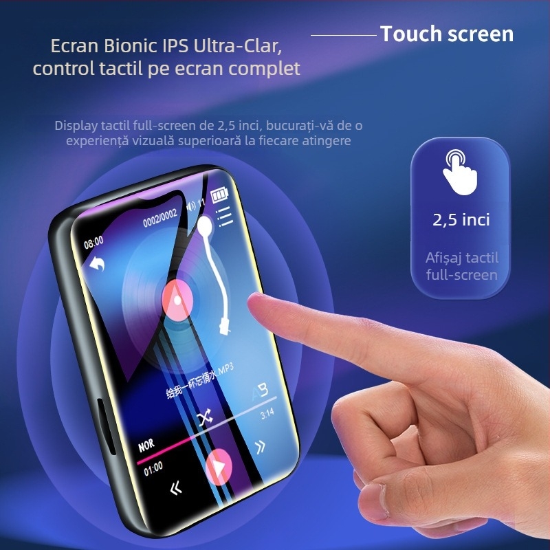 Player MP4 metal cu Bluetooth și ecran tactil, afișaj TFT de 2,5 inch, suport pentru card TF, MP3/WAV/FLAC/APE/WMA/OGG, radio FM și înregistrare