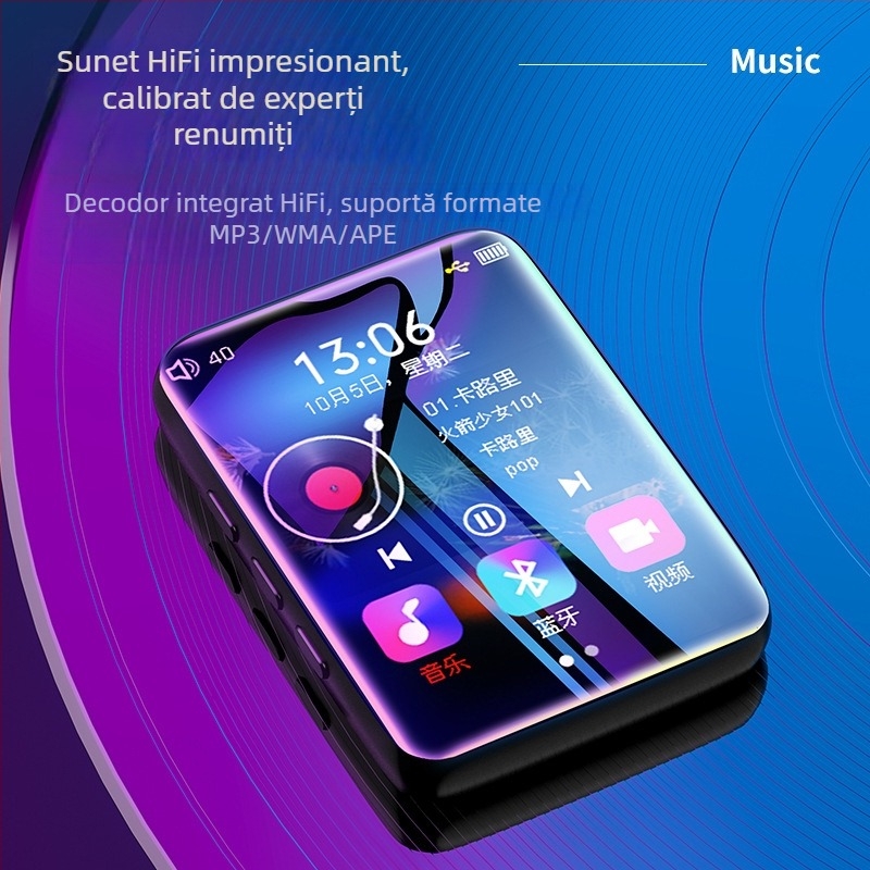 Player MP4 metal cu Bluetooth și ecran tactil, afișaj TFT de 2,5 inch, suport pentru card TF, MP3/WAV/FLAC/APE/WMA/OGG, radio FM și înregistrare