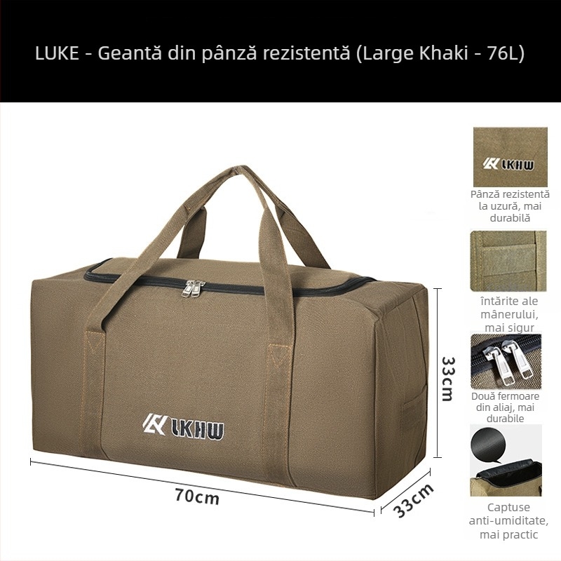 Ruke Geantă din Pânză Grosă pentru Camping și Călătorii – Capacitate 56-75L, Rezistentă la Uzură, Căptușeală Poliester