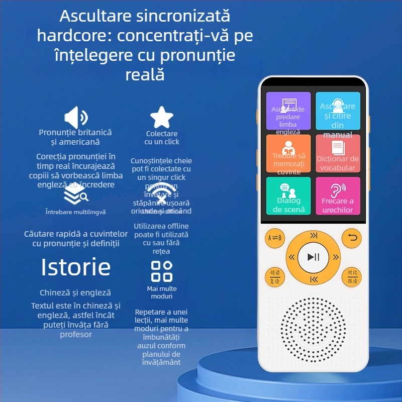 Dispozitiv portabil pentru ascultare și repetare în engleză pentru elevi (memorie de 8 GB, Bluetooth, ecran LCD, baterie reîncărcabilă)