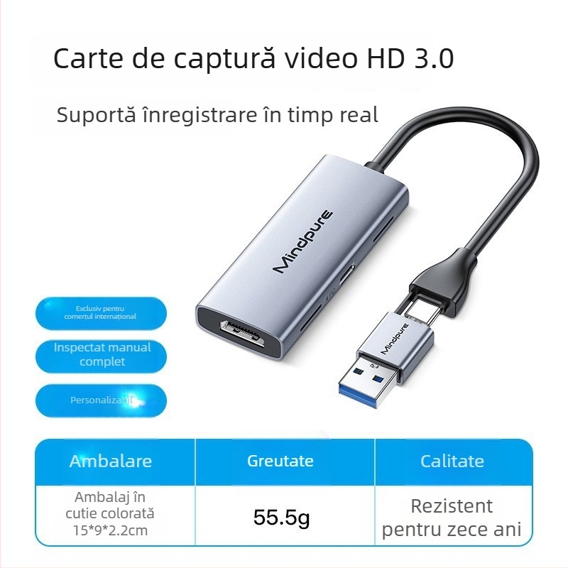 Card captură USB-C la HDMI pentru streaming live – 1080p60, MS2109 + MS8005, cablu de 2 m, model AD051.