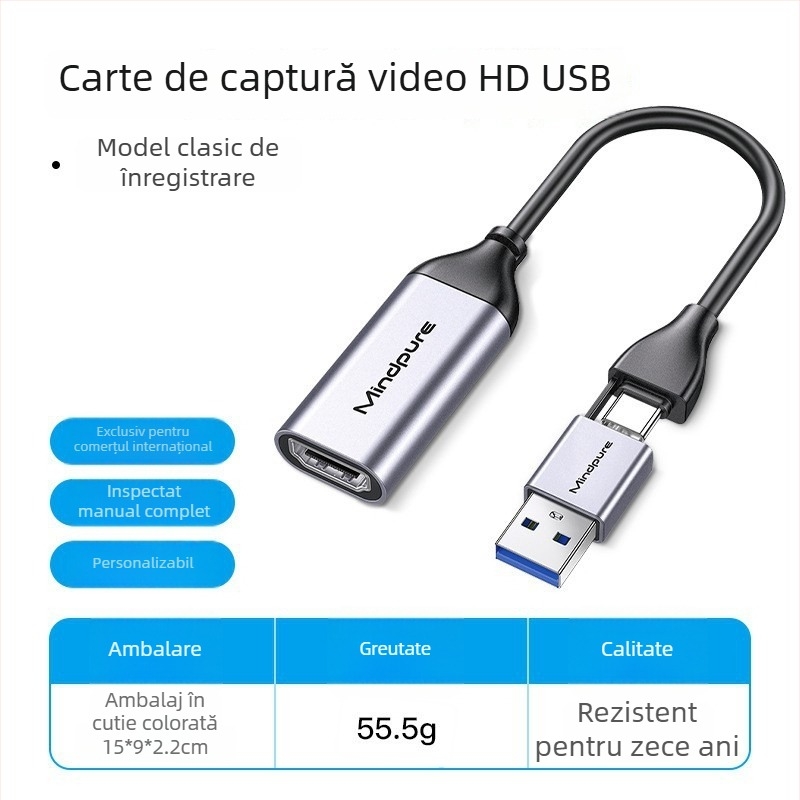 Card captură USB-C la HDMI pentru streaming live – 1080p60, MS2109 + MS8005, cablu de 2 m, model AD051.