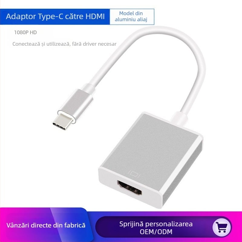 Adaptor Type-C către HDMI, USB 3.1, carcasă din aluminiu, interfață HDMI, nucleu din cupru, cip 1