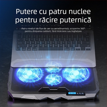 Radiator pentru laptop S18f4, patru ventilatoare reglabile și suport reglabil în înălime; răcire prin aer, plasă metalică + plastic.