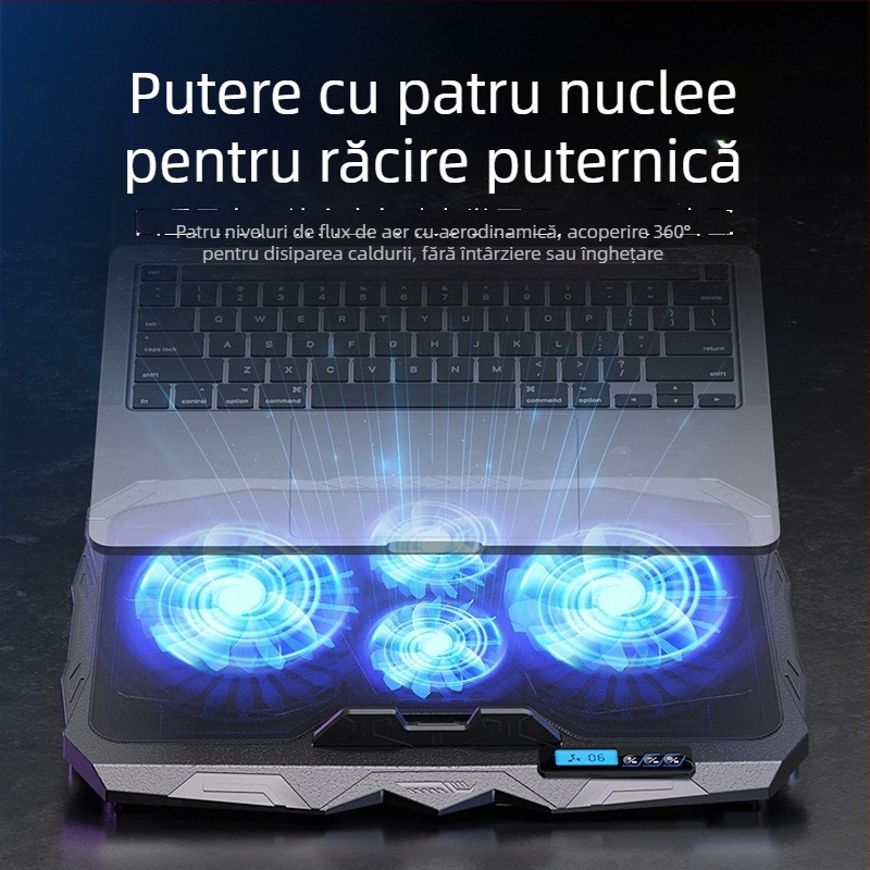 Radiator pentru laptop S18f4, patru ventilatoare reglabile și suport reglabil în înălime; răcire prin aer, plasă metalică + plastic.