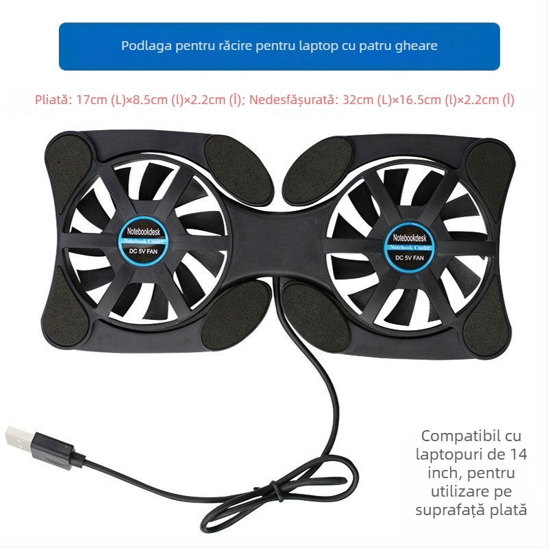 Pad de răcire pentru laptop, cu două ventilatoare, pliabil și portabil, răcire prin aer