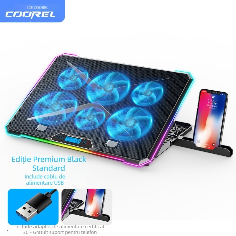 Padă de răcire pentru laptop K15, răcire cu aer, 6 ventilatoare, plasă metalică și plastic