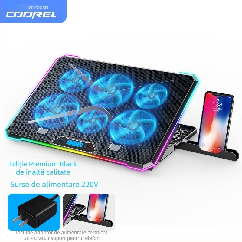 Padă de răcire pentru laptop K15, răcire cu aer, 6 ventilatoare, plasă metalică și plastic