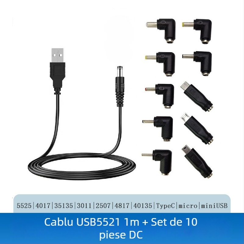 Set adaptor încărcare DC: de la 5.5×2.1 mm la 5.5×2.5 mm, conector 5521, cablu USB de 1 m, set 10 în 1