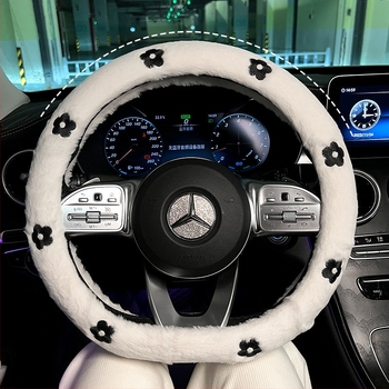 Acoperire volan auto din pluș, iarnă, model Camelia, potrivire universală, diametru 38 cm