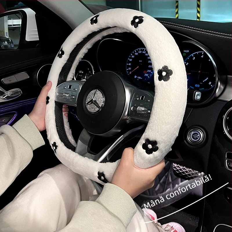 Acoperire volan auto din pluș, iarnă, model Camelia, potrivire universală, diametru 38 cm