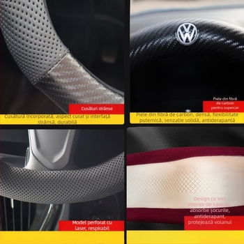 Husă volan Volkswagen - velur și piele cu fibră de carbon, 3D embosat, model imprimat, pentru toate anotimpurile, montaj dedicat vehiculului, cusut manual și cu mașina