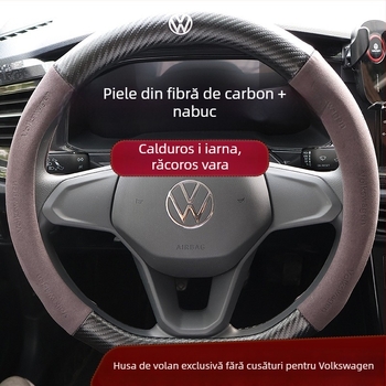 Husă volan Volkswagen - velur și piele cu fibră de carbon, 3D embosat, model imprimat, pentru toate anotimpurile, montaj dedicat vehiculului, cusut manual și cu mașina