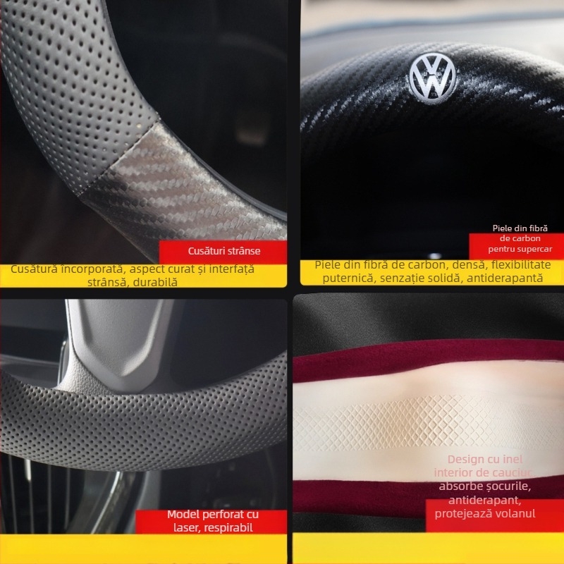 Husă volan Volkswagen - velur și piele cu fibră de carbon, 3D embosat, model imprimat, pentru toate anotimpurile, montaj dedicat vehiculului, cusut manual și cu mașina