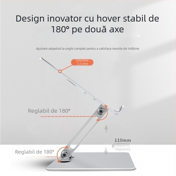 Suport pentru tabletă, reglabil, pliabil din aliaj de aluminiu cu bază de disipare a căldurii (Material: aliaj de aluminiu; Design: pliabil; Compatibilitate: iPad și dispozitive Apple; Greutate: 0,36 kg)