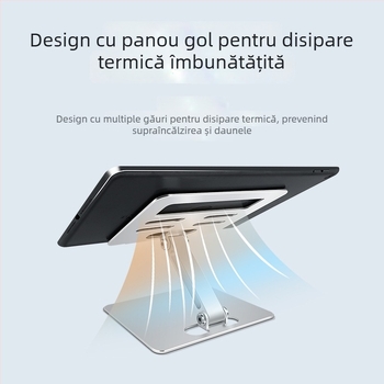 Suport pentru tabletă, reglabil, pliabil din aliaj de aluminiu cu bază de disipare a căldurii (Material: aliaj de aluminiu; Design: pliabil; Compatibilitate: iPad și dispozitive Apple; Greutate: 0,36 kg)