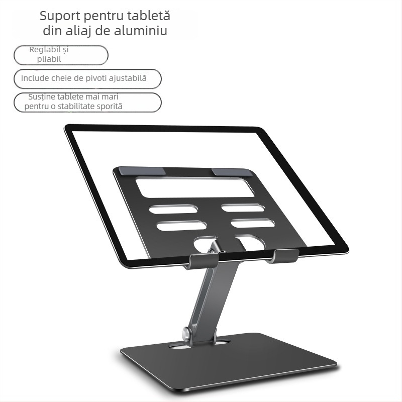 Suport pentru tabletă, reglabil, pliabil din aliaj de aluminiu cu bază de disipare a căldurii (Material: aliaj de aluminiu; Design: pliabil; Compatibilitate: iPad și dispozitive Apple; Greutate: 0,36 kg)