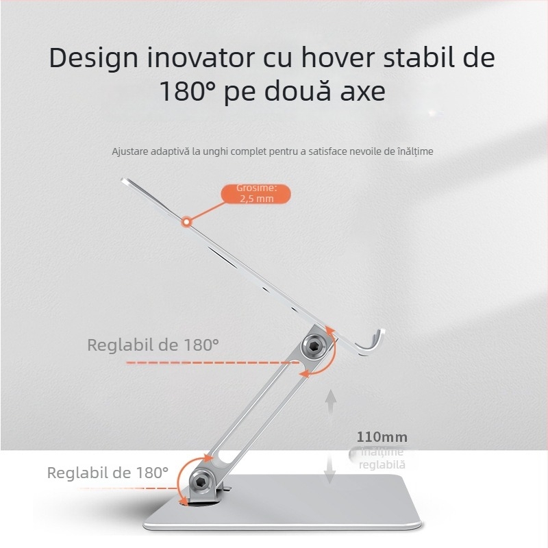 Suport pentru tabletă, reglabil, pliabil din aliaj de aluminiu cu bază de disipare a căldurii (Material: aliaj de aluminiu; Design: pliabil; Compatibilitate: iPad și dispozitive Apple; Greutate: 0,36 kg)