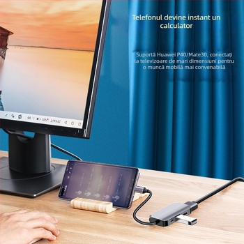 Cablu adaptor Type-C cu hub HDMI de 4 porturi, nucleu din cupru, viteză de transfer 500