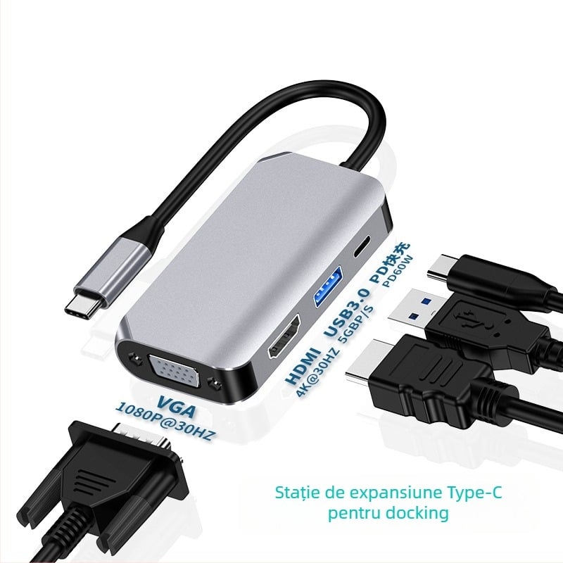 Cablu adaptor Type-C cu hub HDMI de 4 porturi, nucleu din cupru, viteză de transfer 500