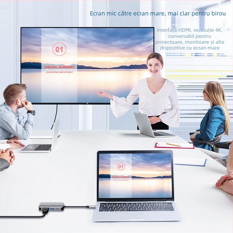 Cablu adaptor Type-C cu hub HDMI de 4 porturi, nucleu din cupru, viteză de transfer 500