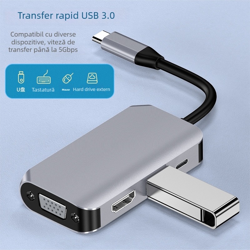 Cablu adaptor Type-C cu hub HDMI de 4 porturi, nucleu din cupru, viteză de transfer 500