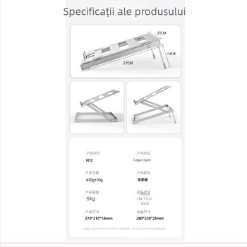 Suport de răcire pentru laptop H12, aliaj de aluminiu, orificii de ventilație, design stabil, greutate 610 g ± 10 g.