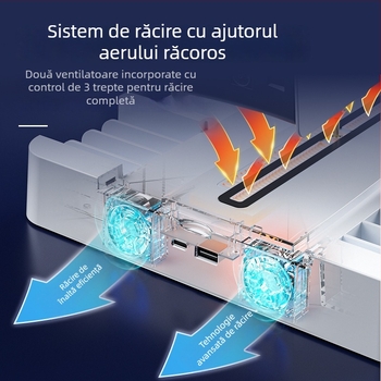Bază de răcire PS5 Pro cu raft pentru discuri și spațiu de depozitare, încărcare a controlerelor prin Type-C, compatibilă cu PS5/PS5 Slim