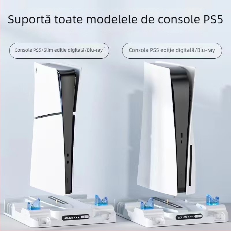 Bază de răcire PS5 Pro cu raft pentru discuri și spațiu de depozitare, încărcare a controlerelor prin Type-C, compatibilă cu PS5/PS5 Slim