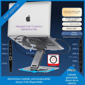 Suport de răcire pentru laptop cu docking station integrat de 12 porturi, rotativ, pliabil, înălțime reglabilă, ventilator