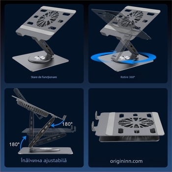 Suport de răcire pentru laptop cu docking station integrat de 12 porturi, rotativ, pliabil, înălțime reglabilă, ventilator