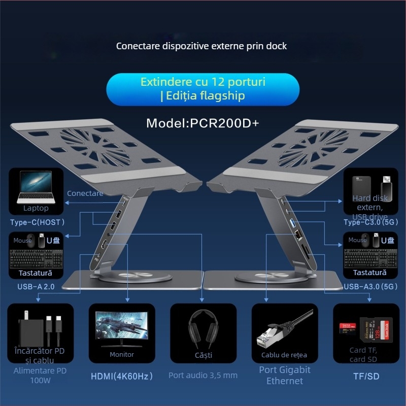 Suport de răcire pentru laptop cu docking station integrat de 12 porturi, rotativ, pliabil, înălțime reglabilă, ventilator