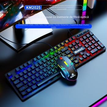 Set tastatură și mouse KM2025 - USB cablat, senzație mecanică, iluminare de fundal, 1800 DPI, ergonomic, pentru notebook, acasă, gaming și birou