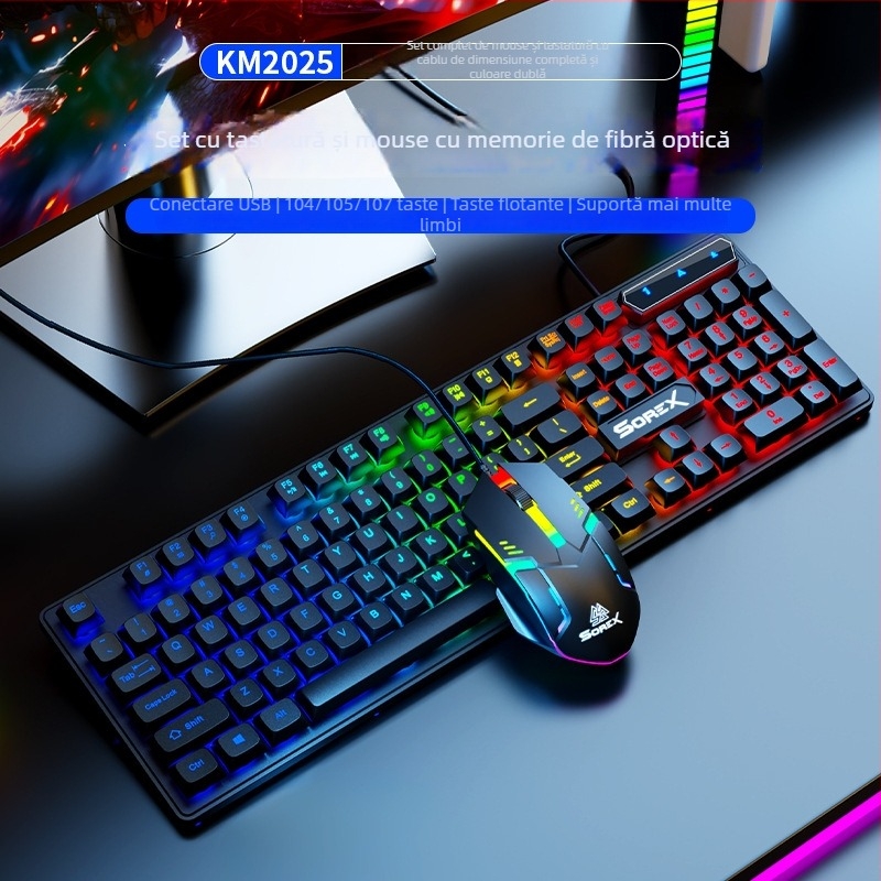 Set tastatură și mouse KM2025 - USB cablat, senzație mecanică, iluminare de fundal, 1800 DPI, ergonomic, pentru notebook, acasă, gaming și birou