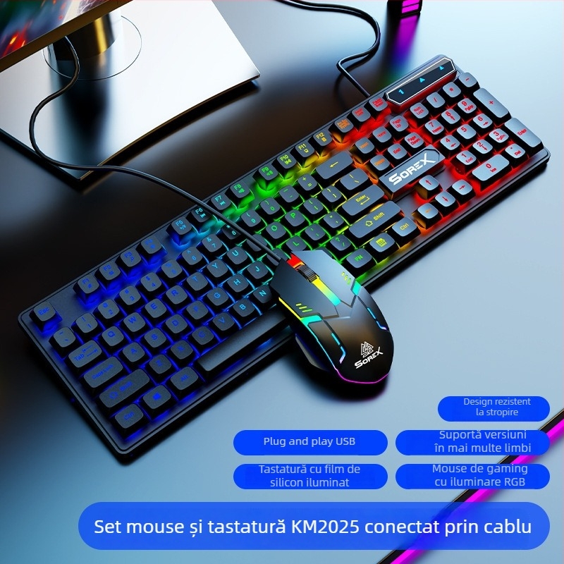 Set tastatură și mouse KM2025 - USB cablat, senzație mecanică, iluminare de fundal, 1800 DPI, ergonomic, pentru notebook, acasă, gaming și birou