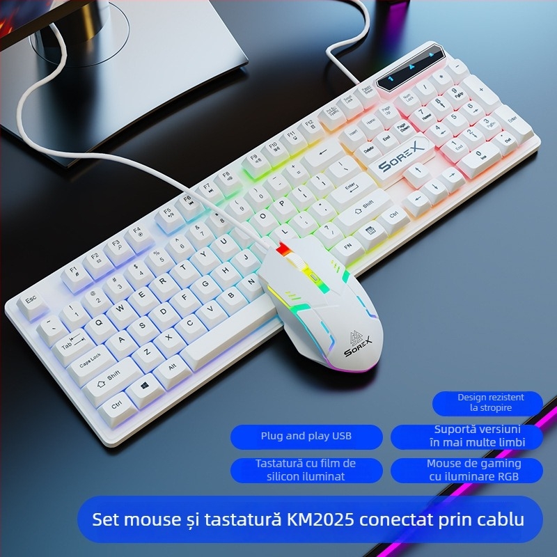 Set tastatură și mouse KM2025 - USB cablat, senzație mecanică, iluminare de fundal, 1800 DPI, ergonomic, pentru notebook, acasă, gaming și birou