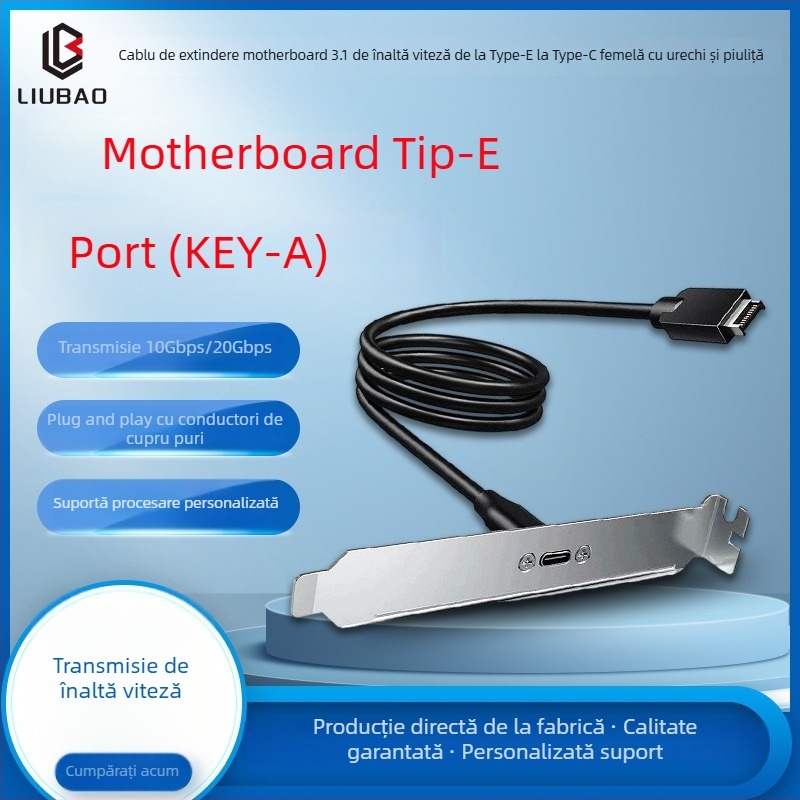 Cablu adaptor USB 3.1 Type-E către Type-C femelă, montaj posterior cu protecție și piuliță, 10–20 Gbps, cupru tinuit