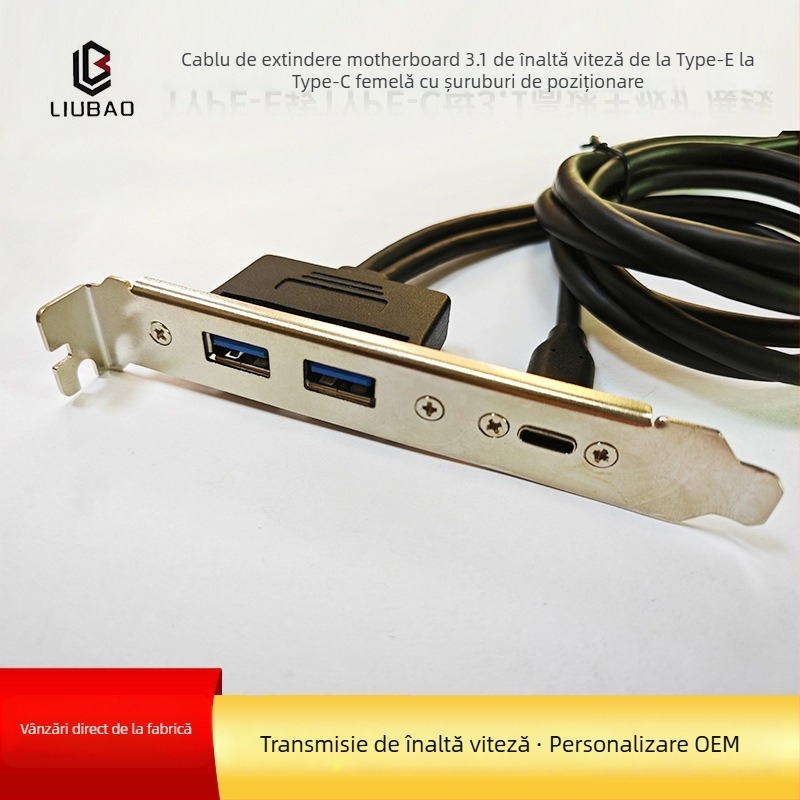 Cablu adaptor USB 3.1 Type-E către Type-C femelă, montaj posterior cu protecție și piuliță, 10–20 Gbps, cupru tinuit