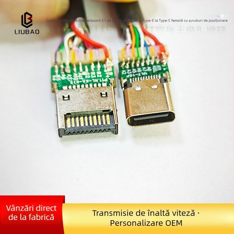 Cablu adaptor USB 3.1 Type-E către Type-C femelă, montaj posterior cu protecție și piuliță, 10–20 Gbps, cupru tinuit