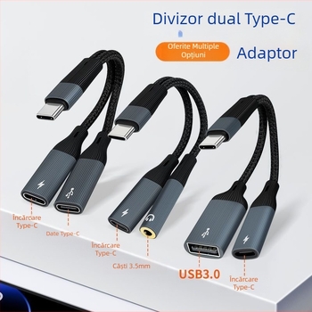 Adaptor Type-C OTG cu două porturi, încărcare și convertor USB 2-in-1, model 002, compatibilitate generală