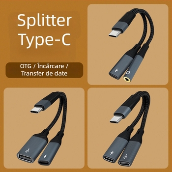 Adaptor Type-C OTG cu două porturi, încărcare și convertor USB 2-in-1, model 002, compatibilitate generală