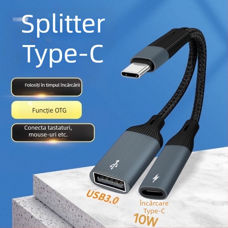 Adaptor Type-C OTG cu două porturi, încărcare și convertor USB 2-in-1, model 002, compatibilitate generală