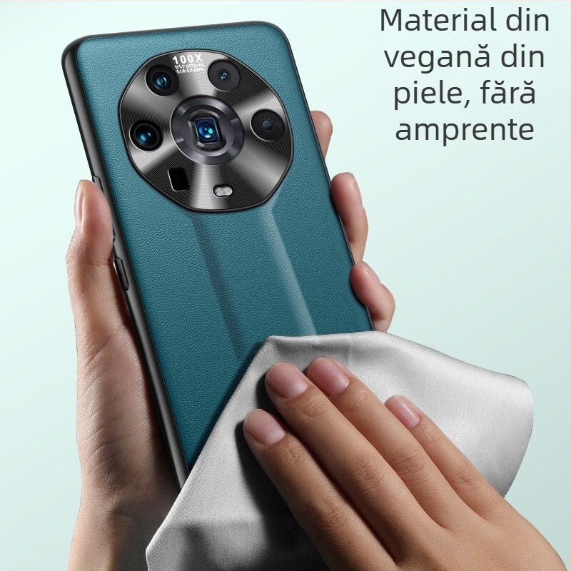 Carcasă de telefon pentru Honor Magic4 Ultimate Edition, TPU cu aspect din piele și finisaj auriu încorporat, inel metalic pentru obiectiv, protecție antișoc, disipare termică