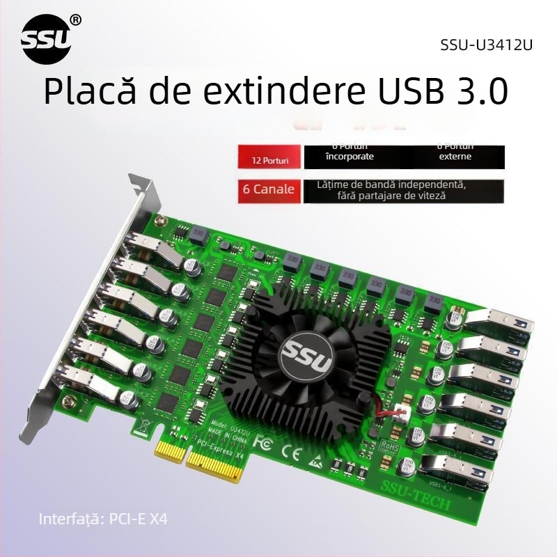 Carte adaptor USB 3.0, 6 canale, 12 porturi, pentru cameră industrială, PCIe la 19 pini