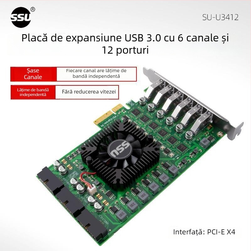 Carte adaptor USB 3.0, 6 canale, 12 porturi, pentru cameră industrială, PCIe la 19 pini