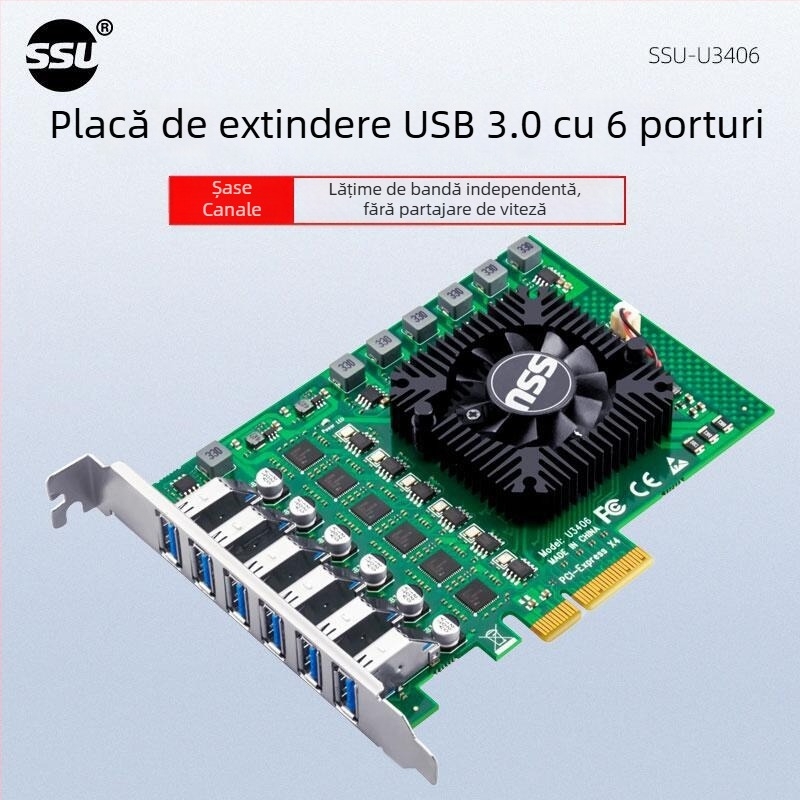 Carte adaptor USB 3.0, 6 canale, 12 porturi, pentru cameră industrială, PCIe la 19 pini