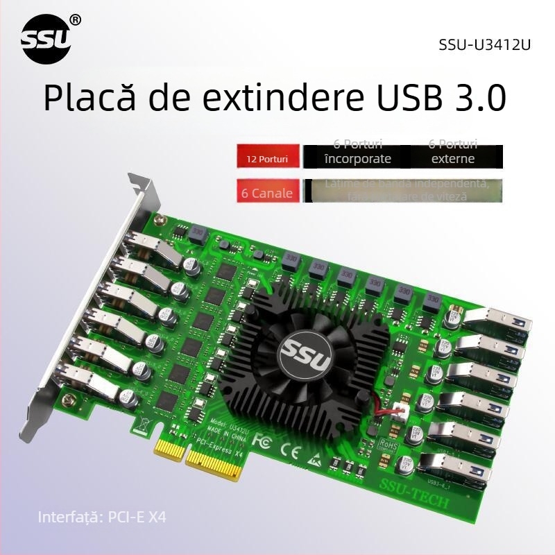 Carte adaptor USB 3.0, 6 canale, 12 porturi, pentru cameră industrială, PCIe la 19 pini