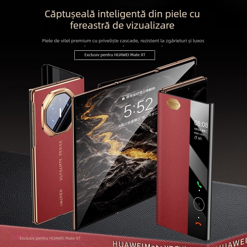 Husă din piele pentru Huawei MateXT cu fereastră inteligentă, acoperire totală pentru ecranul pliabil, protecție la cădere, piele autentică, suport pentru personalizare